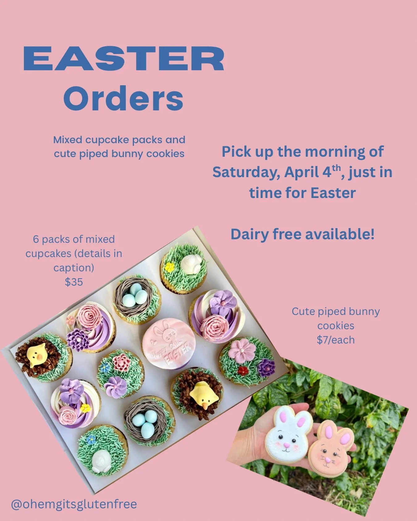 Easter orders! 🐥🥚🐰🩷

I&rsquo;m going back to the roots of my business and offering holiday themed cupcake packs and cookies for Easter this year!

Mixed cupcake packs are $35 and will consist of:

💛 Vanilla//lemon curd
🧡 Carrot cake (with raisi