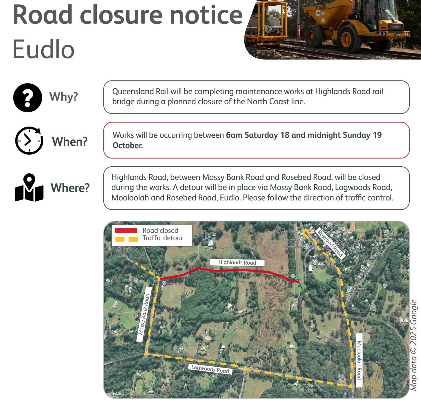 Road Closure Notice – Highlands Road, Eudlo (Sat 18 & Sun 19 October)
Attention course participants for Geshe-la’s retreat weekend. Queensland Rail will be carrying out maintenance works at the rail bridge, requiring a full closure o