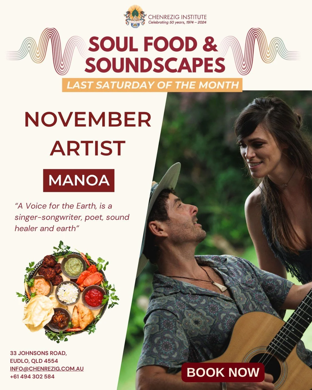 Join us for a nourishing night of music, community, and connection in the beautiful Sunshine Coast Hinterland! 🌿✨
🗓 Saturday, November 29th ⏰ 5:00&ndash;8:15pm
📍 Wellbeing Centre, Chenrezig Institute
💵 $35 &ndash; includes a hearty vegetarian din