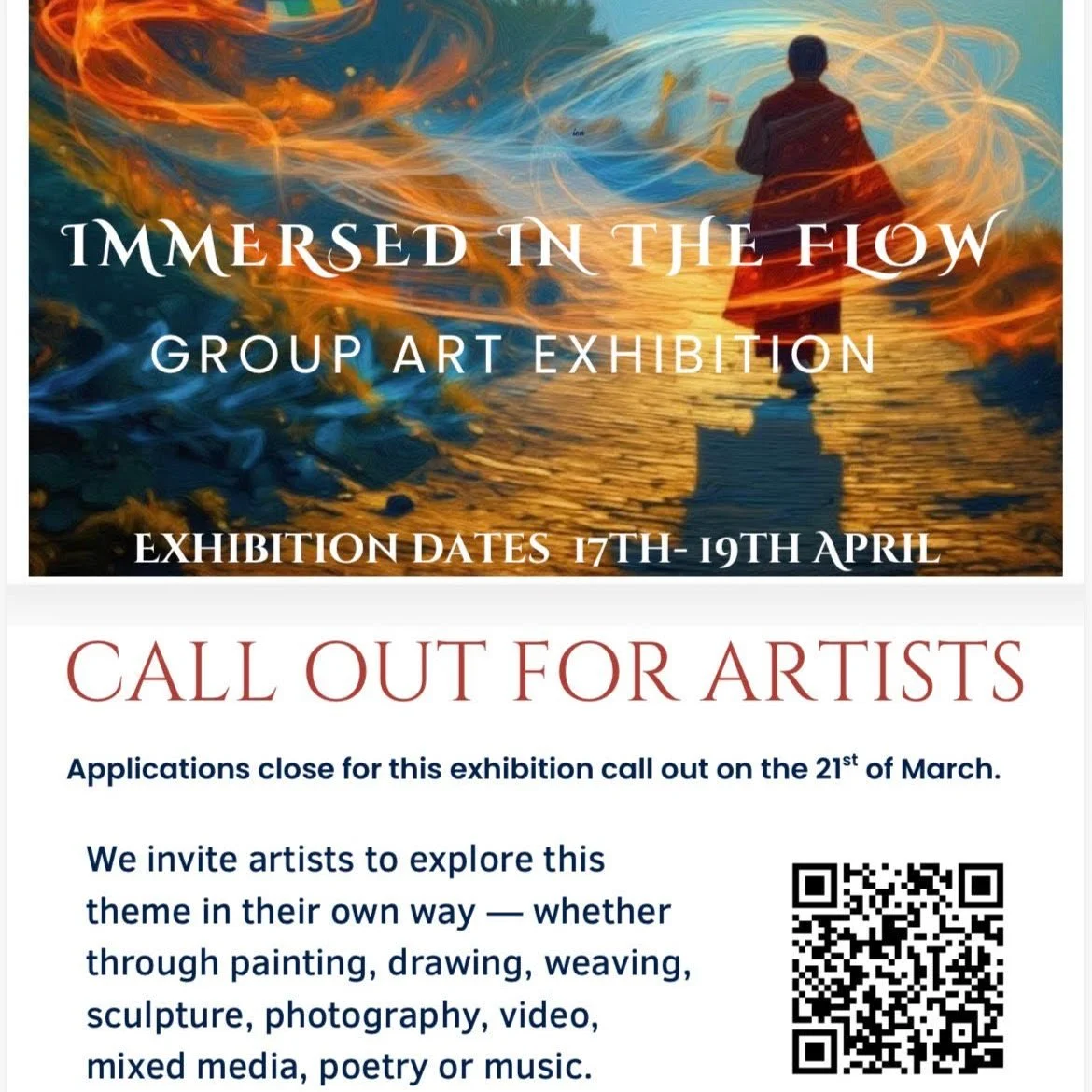 NEWS UPDATE &mdash; Applications Halfway Through!

Thank you to everyone who has already shared their expressions of interest and enthusiasm for the upcoming group exhibition Immersed in the Flow, taking place 17&ndash;19 April at the Wellbeing Centr