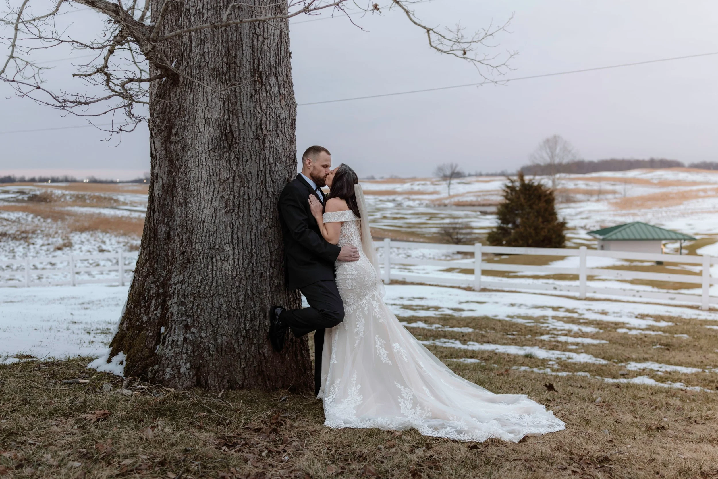 Romantic winter wedding photography of a bride and groom kissing by a large tree in a snowy field.