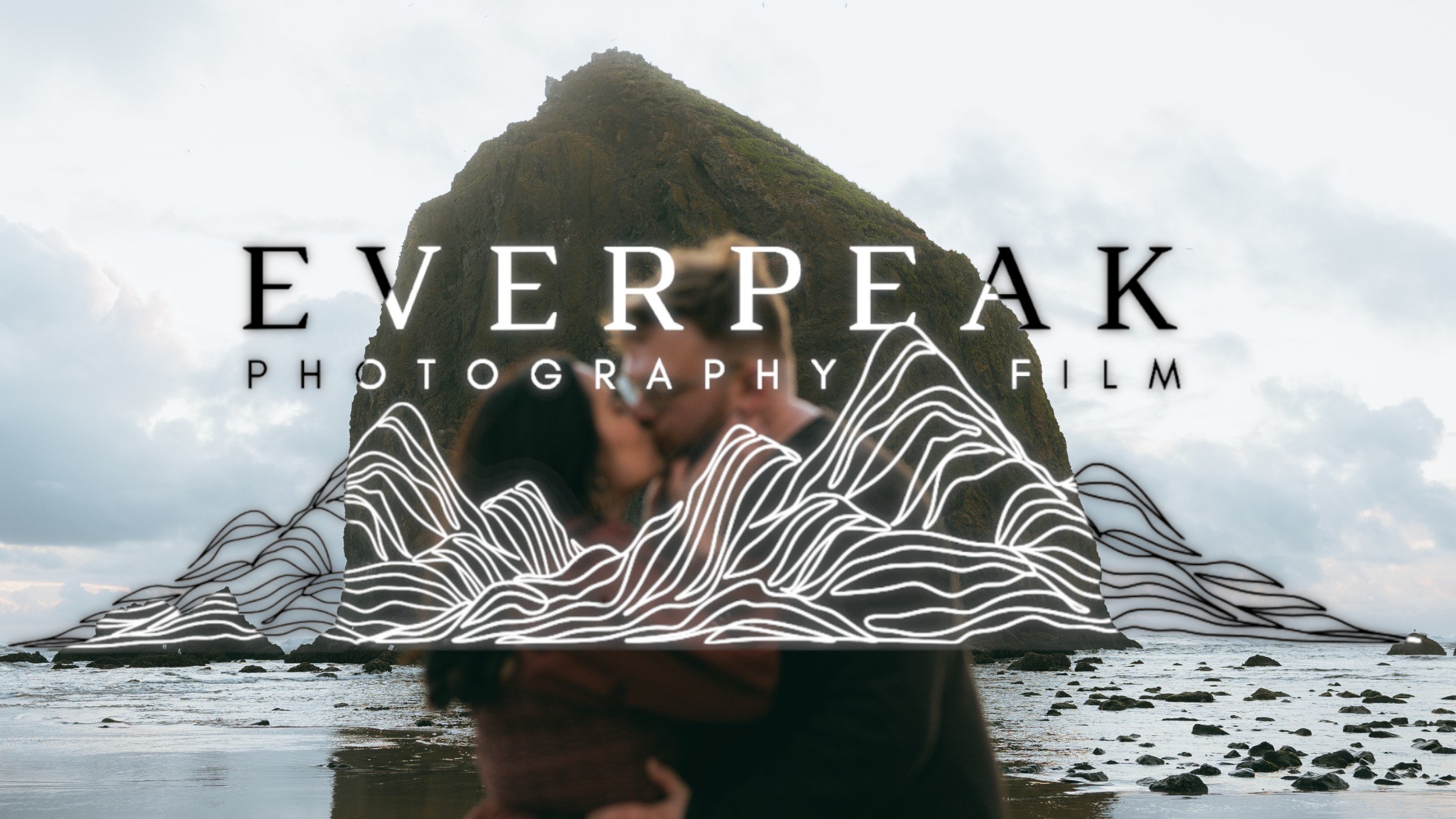 Everpeak Photography Film logo overlaid on an image of a couple kissing in a mountainous, rocky landscape with abstract line graphics.
