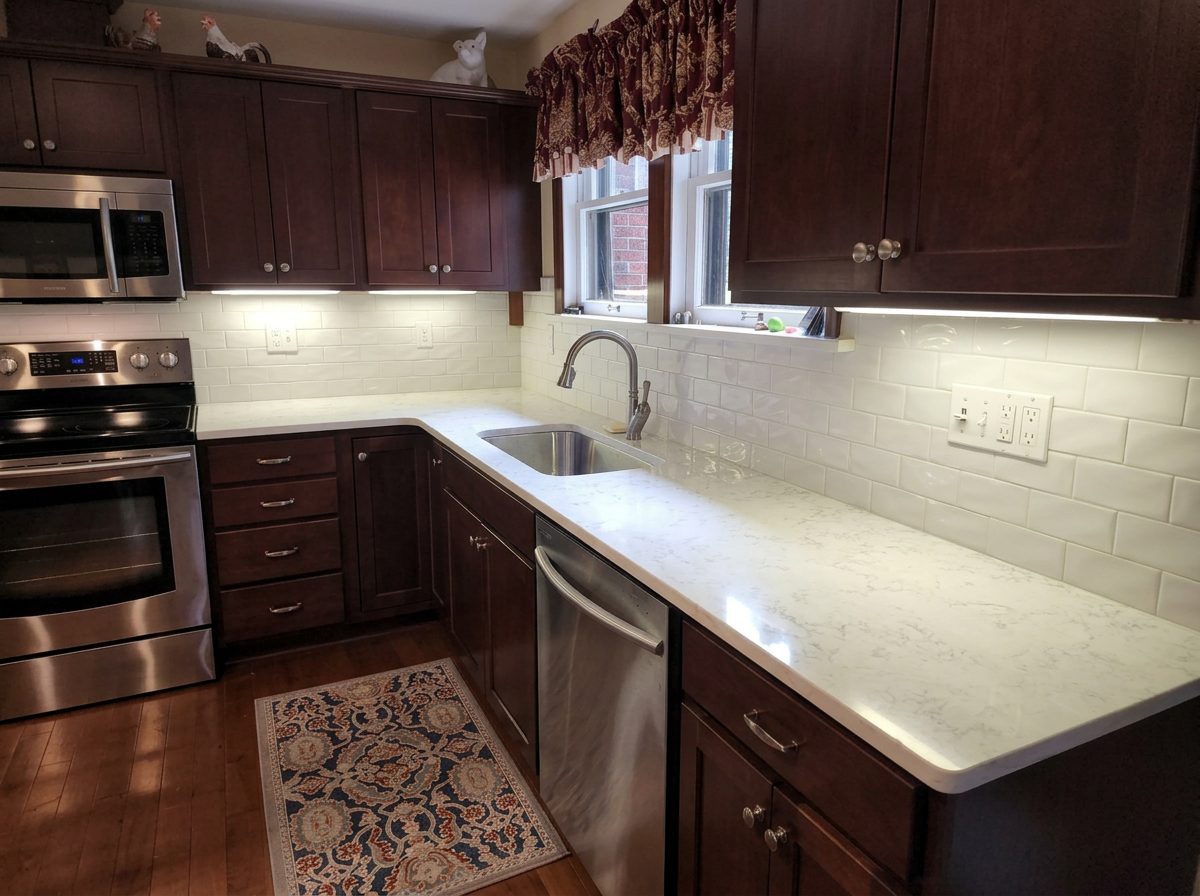 Kitchen with dark wood cabinets, white marble countertop, white subway tile backsplash, stainless steel oven, microwave, and dishwasher, with a window above the sink and decorative animal figures on top of cabinets.