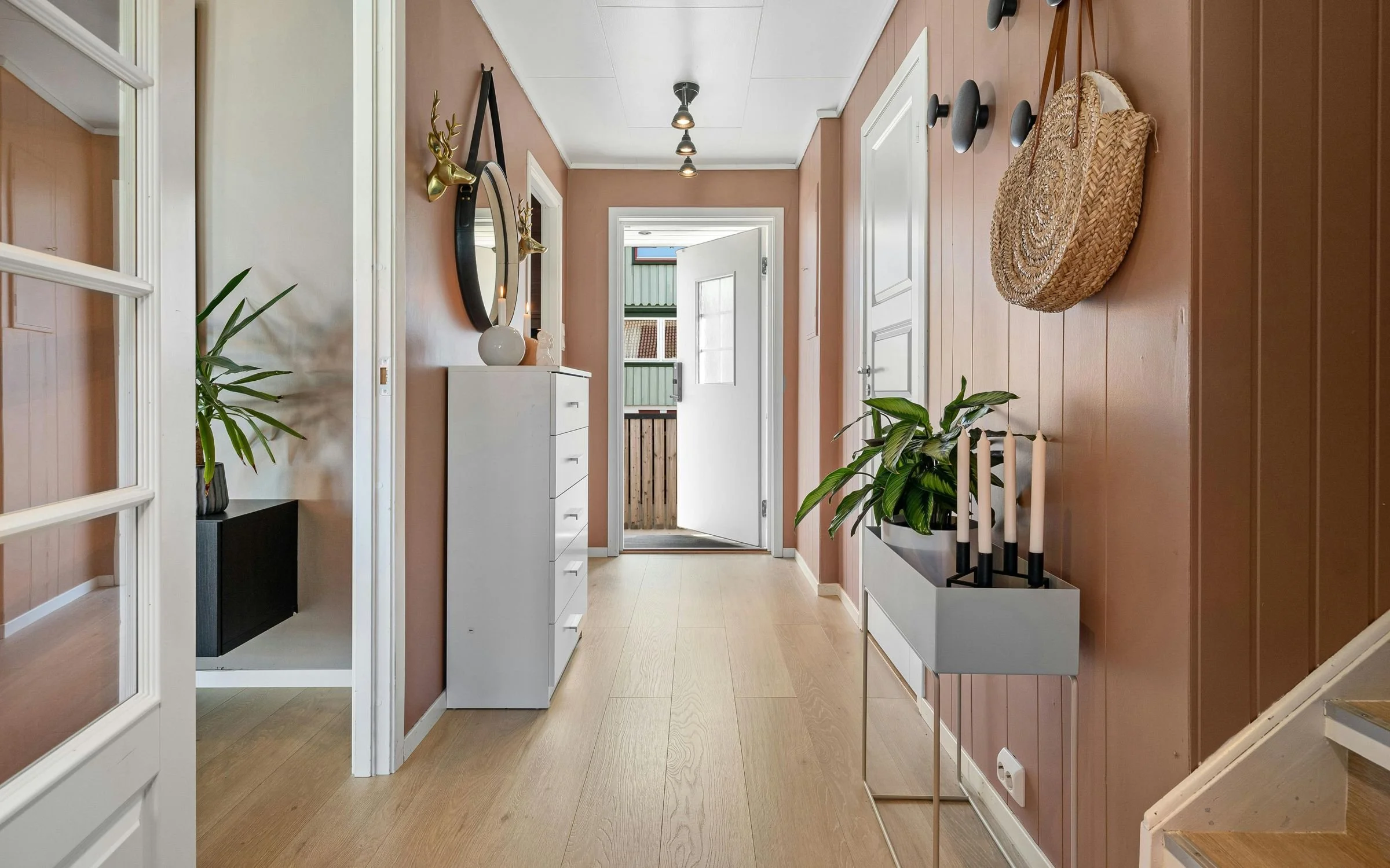 A hallway with pink walls, wooden flooring, a white dresser, green plants, decorative black clocks, and a door leading outside.
