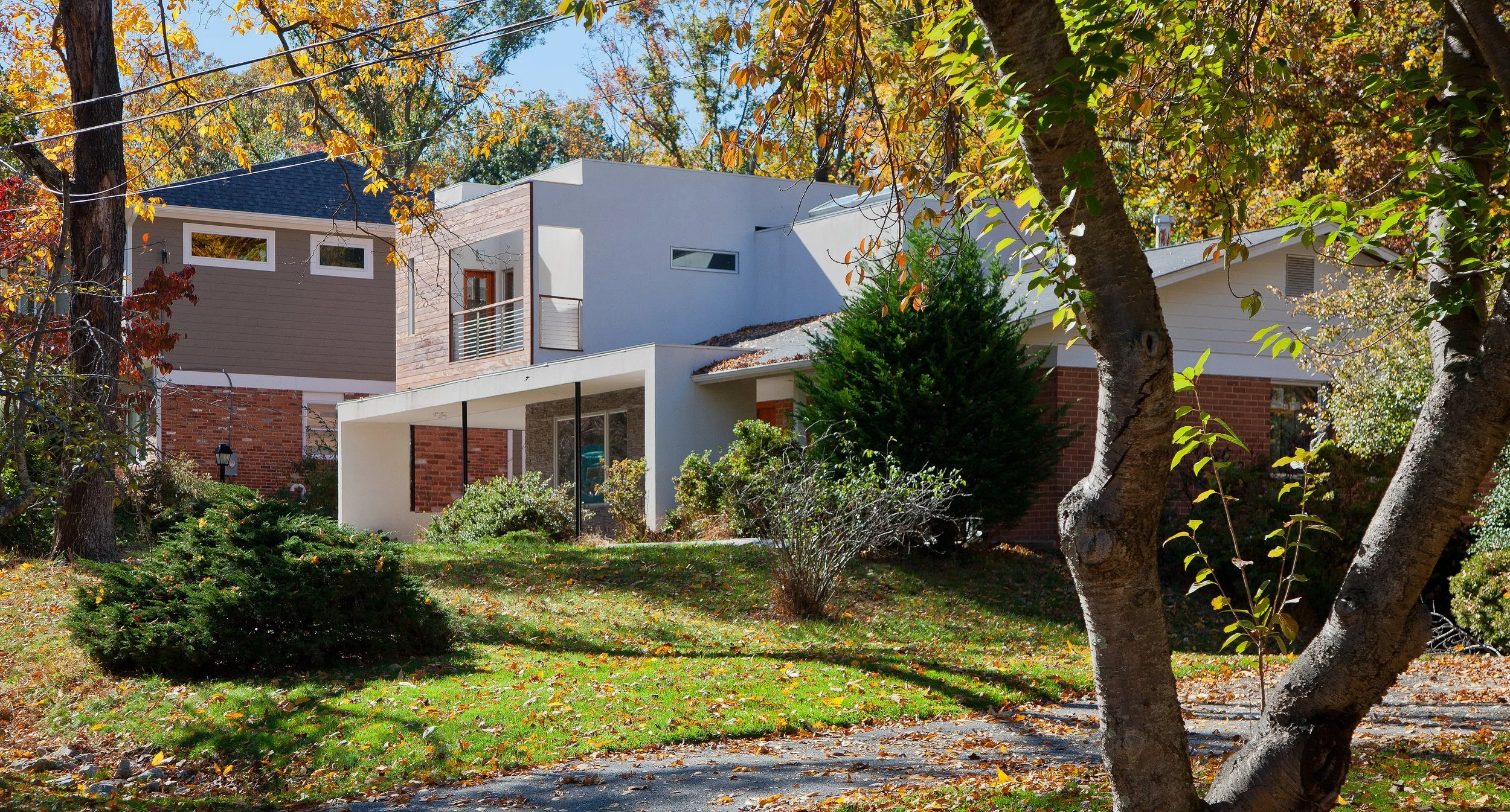 A modern house with clean lines and a flat roof, partially obscured by trees with autumn foliage, situated on a grassy lawn with fallen leaves.