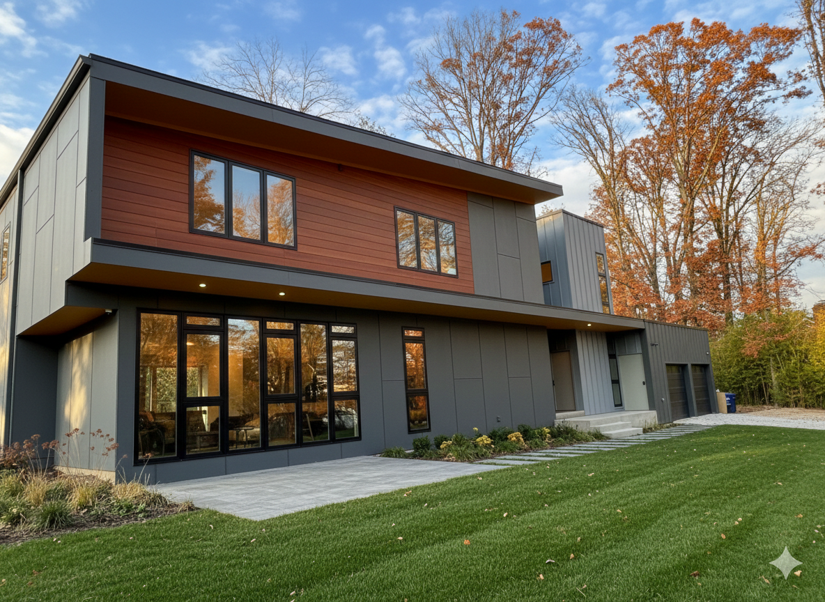 Modern two-story house with large windows, black framing, grey and brown exterior, surrounded by a green lawn and autumn trees.