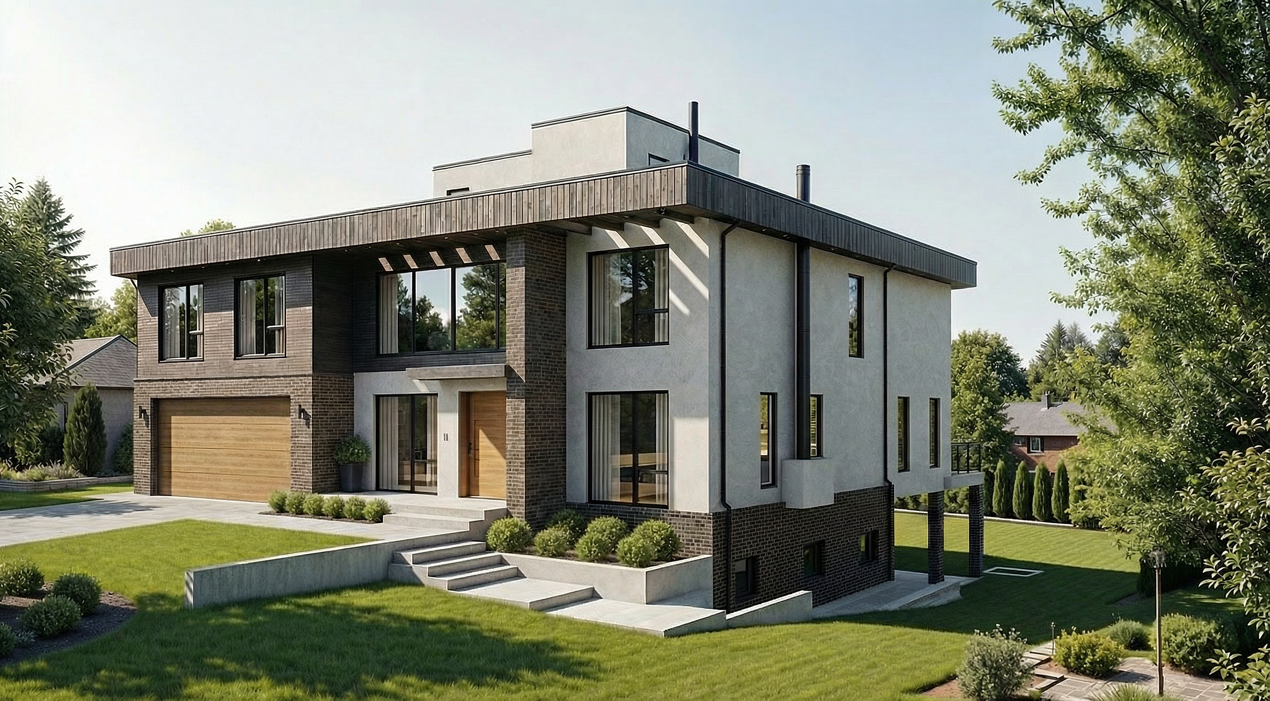 Modern two-story house with brick and stucco exterior, large windows, a wooden garage door, a small front porch with stairs, landscaped yard with bushes and grass, surrounded by trees and neighboring houses.