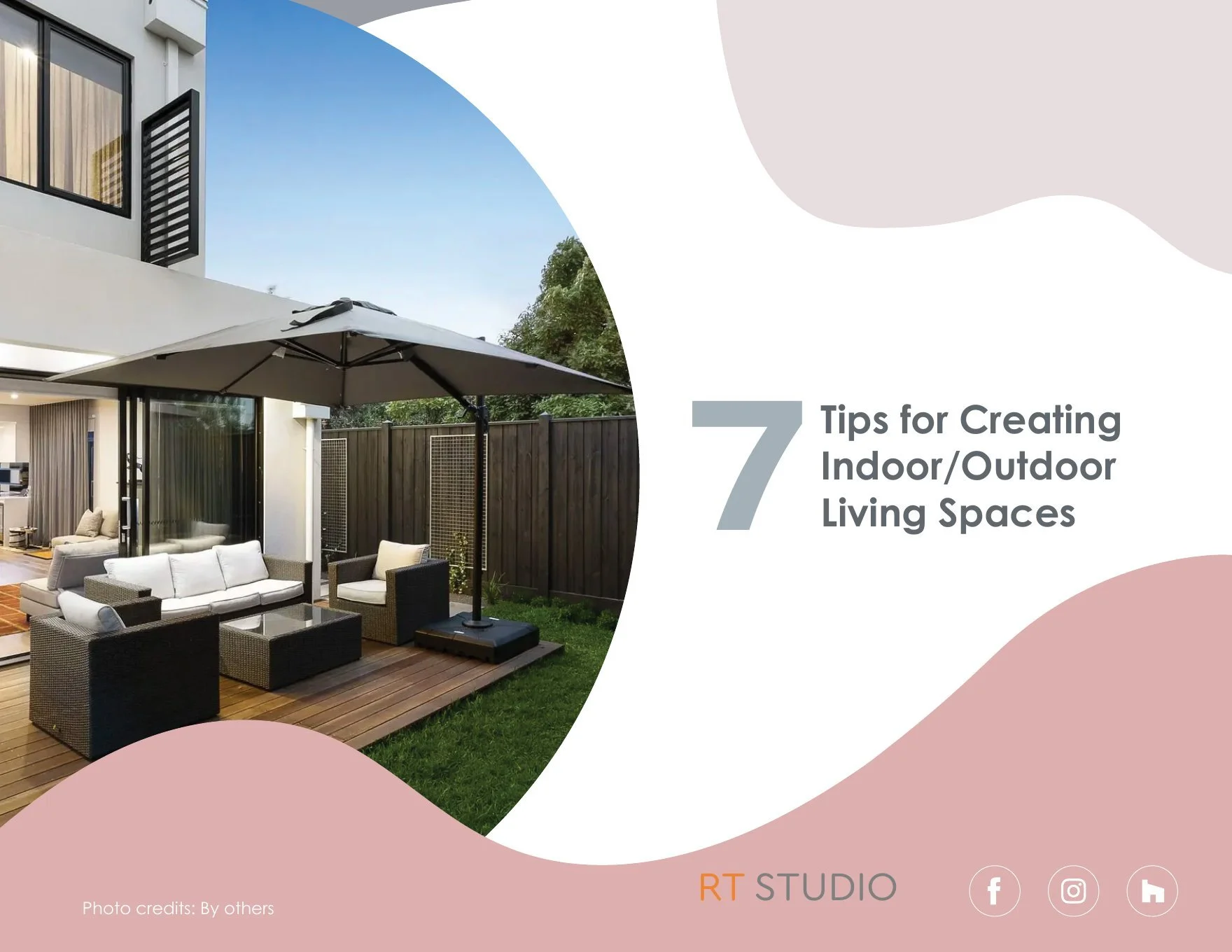 Cover of RT Studio's free guide, 7 Tips for Creating Indoor/Outdoor Living Spaces, showing a covered patio with outdoor seating
