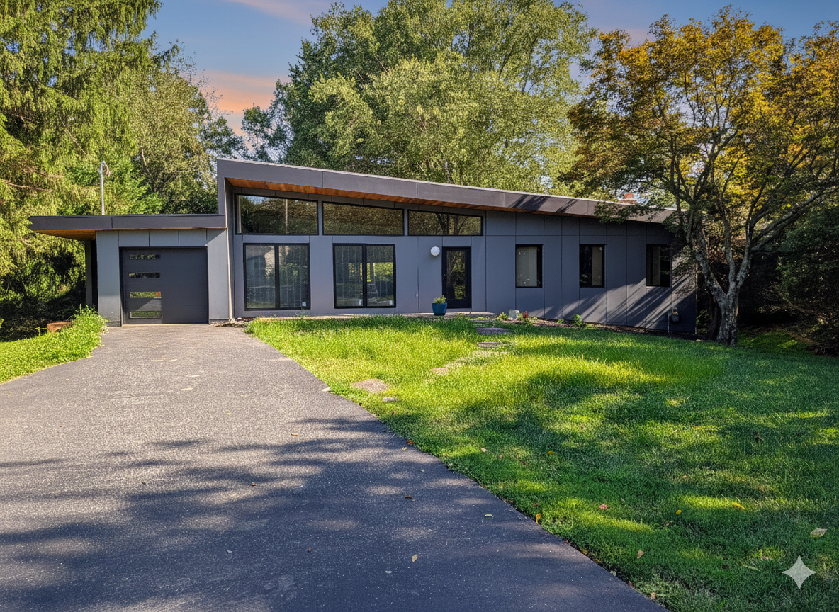 A modern, gray, single-story house with large windows, located on a grassy lawn with trees surrounding it. The driveway leads to a garage on the left side of the house.