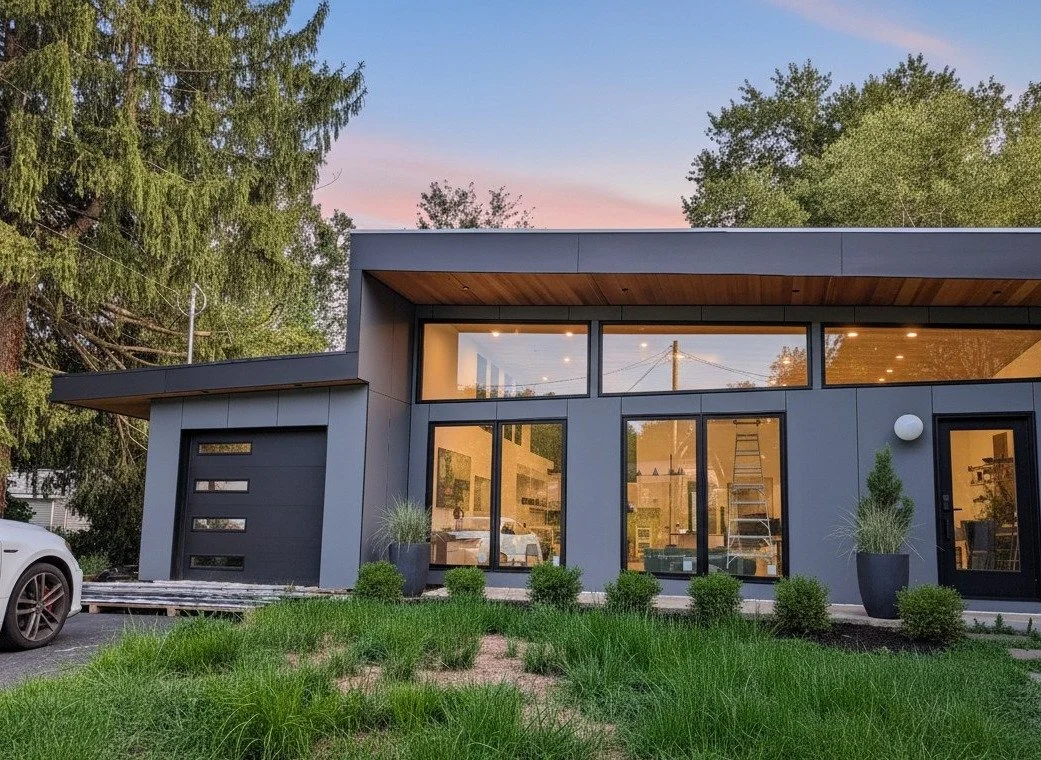 Barkston Ct House in Rockville, MD: mid-century modern renovation with a new sloped roof, clerestory windows, and modern panel facade at dusk