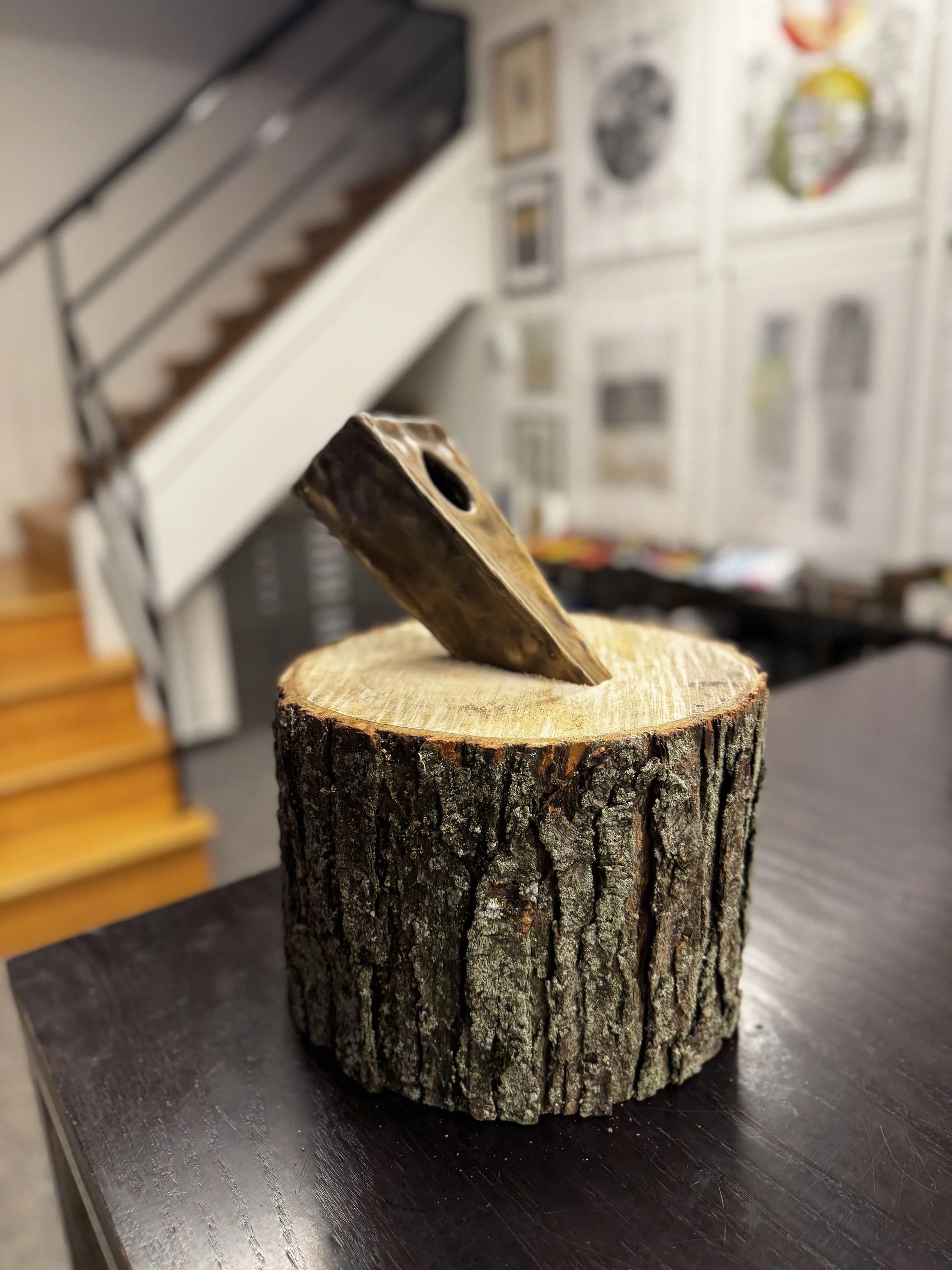 Wedge, bronze with wood
15"w x 18"h x 15"d
based on quote from Frederick Douglass about A. Lincoln