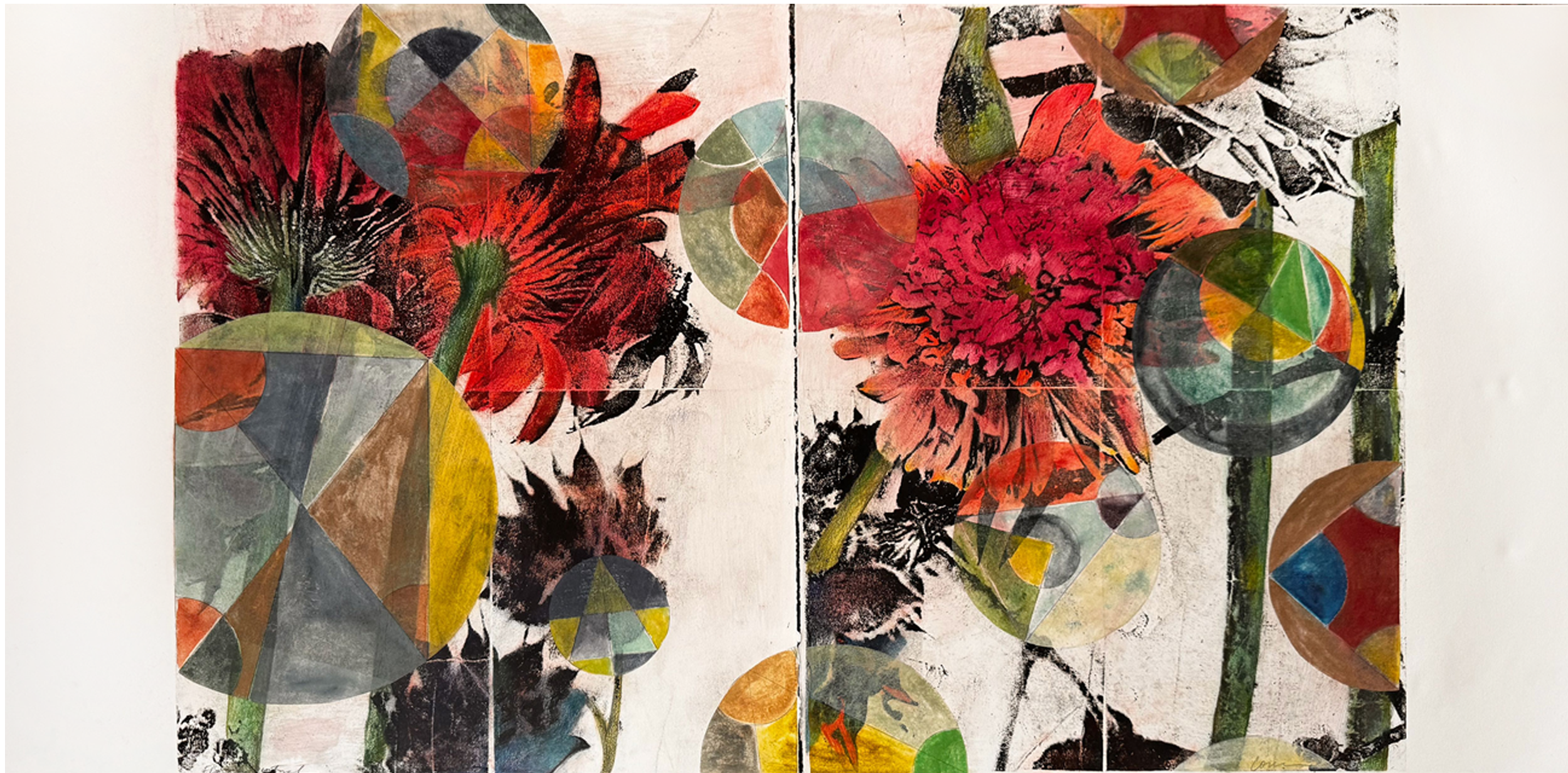 Floral Diptych, 44x44, lithograph with Swedish paper, colored pencil and pastel 
