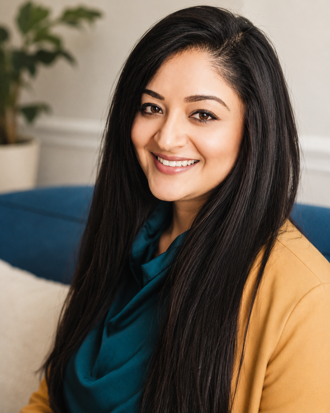 Portrait of a young woman with long black hair, smiling, sitting indoors near a blue couch and a potted plant in the background.