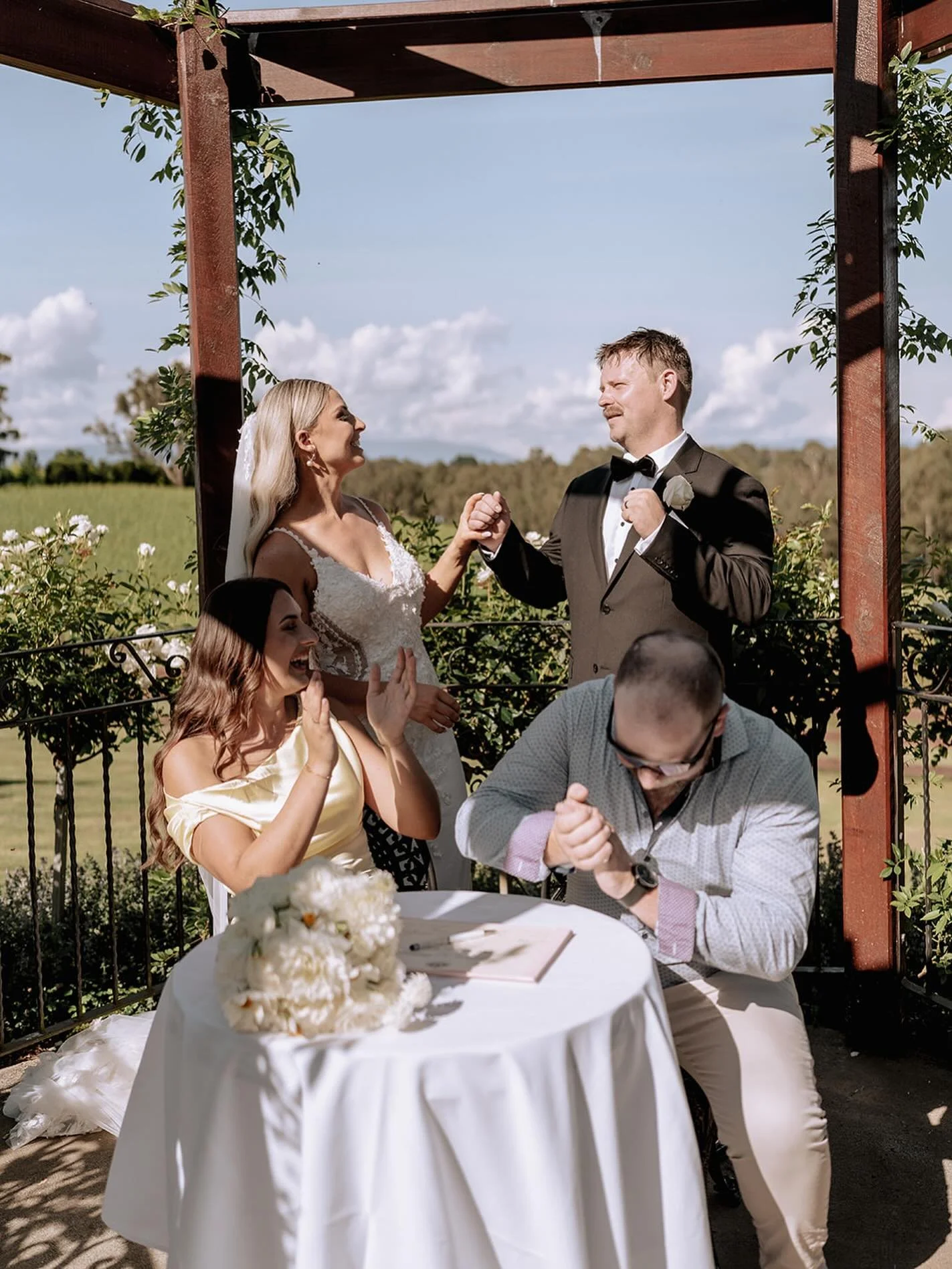 that post-ceremony signing glow hits different 💫 
celebratory fist pumps - always encouraged 

📸 @samanthaelizabethphotography 
📍 @yarrarangesestate 

#melbournecelebrant
#weddingcelebrant
#melbournewedding
#weddingceremony
#inclusiveceremony 
#mo