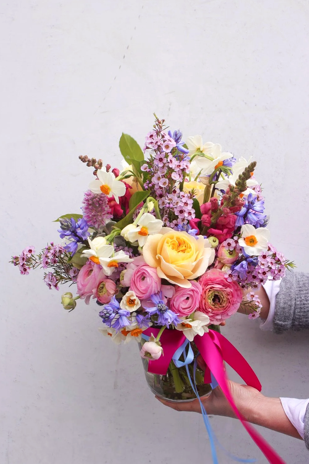 Small Spring Garden Vase with fresh seasonal garden flowers in a clear glass vase by Pash Flowers Brighton.