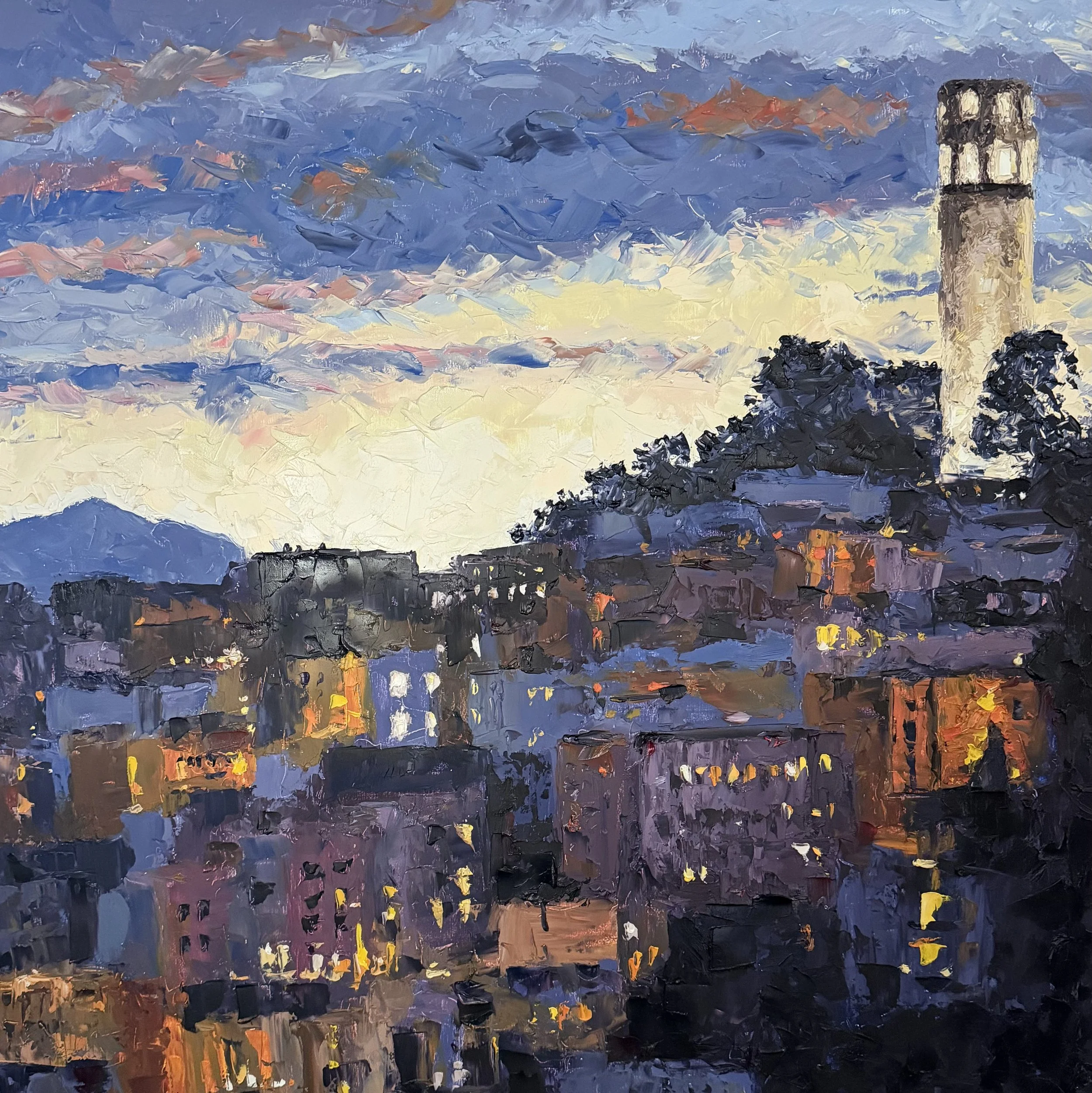 Coit Tower Sunset - 30x30 oil on panel, palette knife only - $2,900
