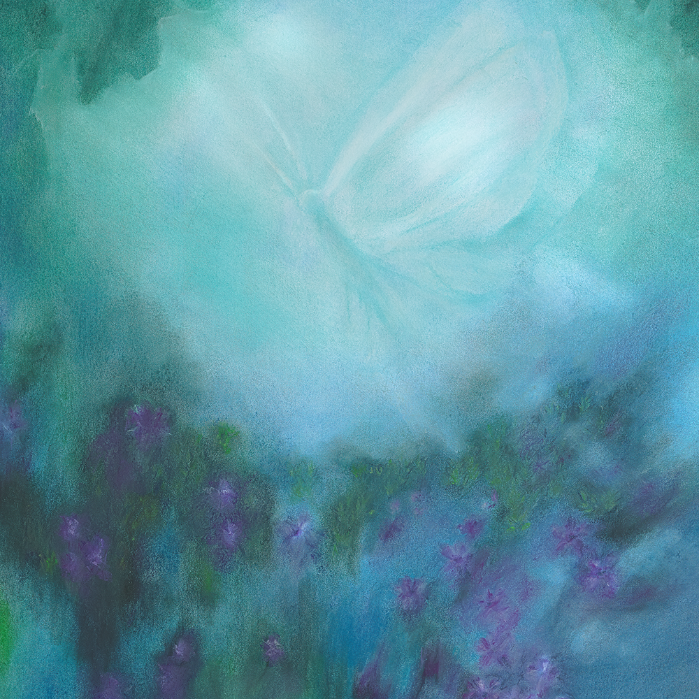 Abstract painting with blue and green shades, featuring a large, ethereal butterfly shape and purple flowers.