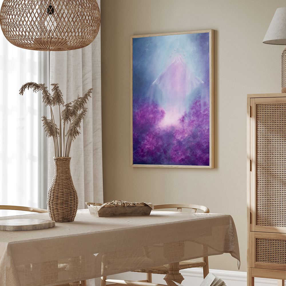 Cozy dining room with woven pendant light, beige tablecloth, vase with dried flowers, wooden table and chairs, rattan cabinet, and a colorful abstract painting on the wall.