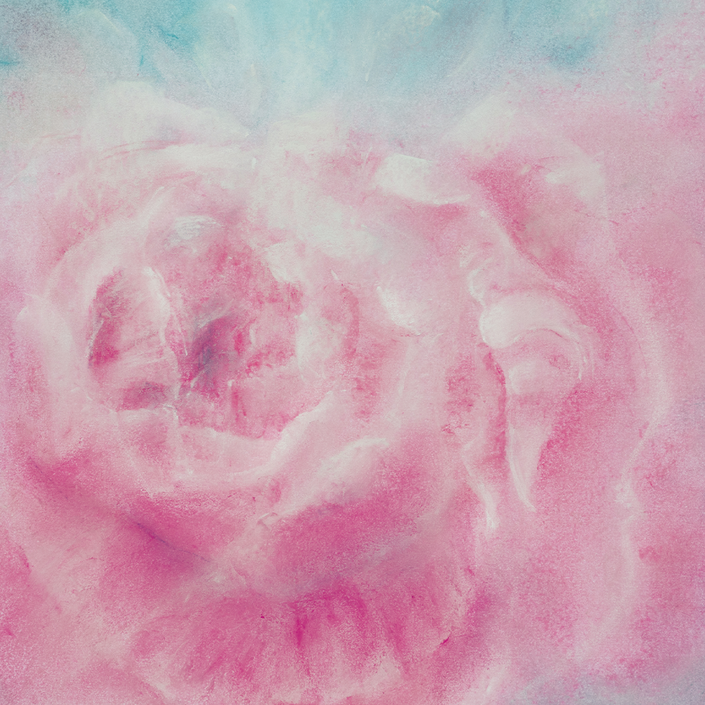 Abstract painting of a pink rose with pastel blue and white highlights