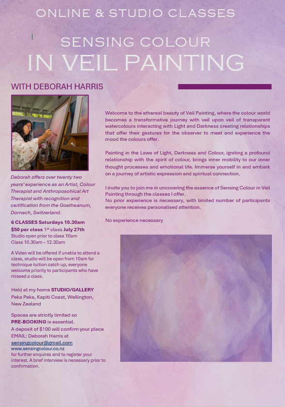 Flyer for 'Sensing Colour in Veil Painting' classes with Deborah Harris, featuring details about class schedule and contact information.