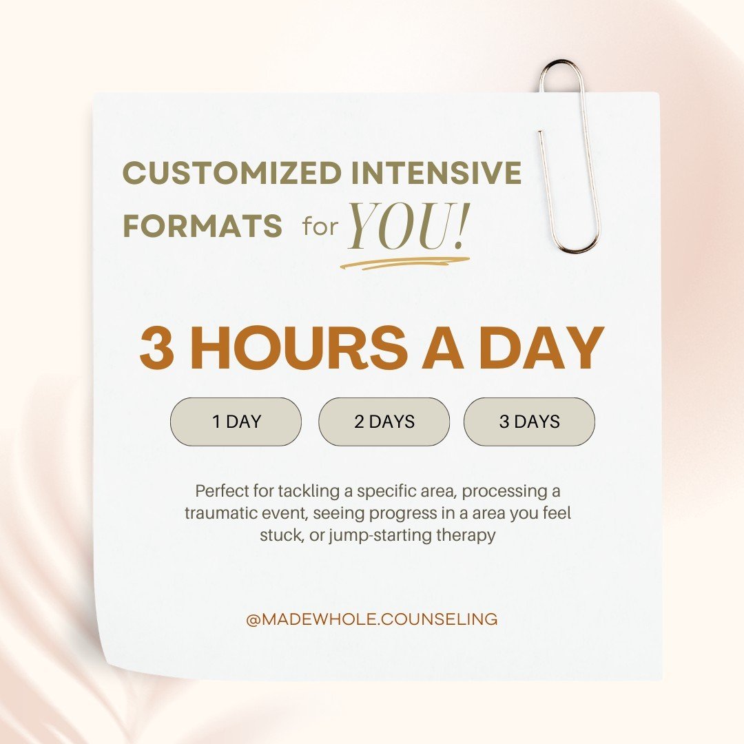 Whether you're tackling a specific challenge, processing trauma, overcoming obstacles, or simply seeking a therapy jump-start, we've got you covered with our customizable intensive sessions. 

⏰ 3 hours a day, tailored to your needs, available for 1,