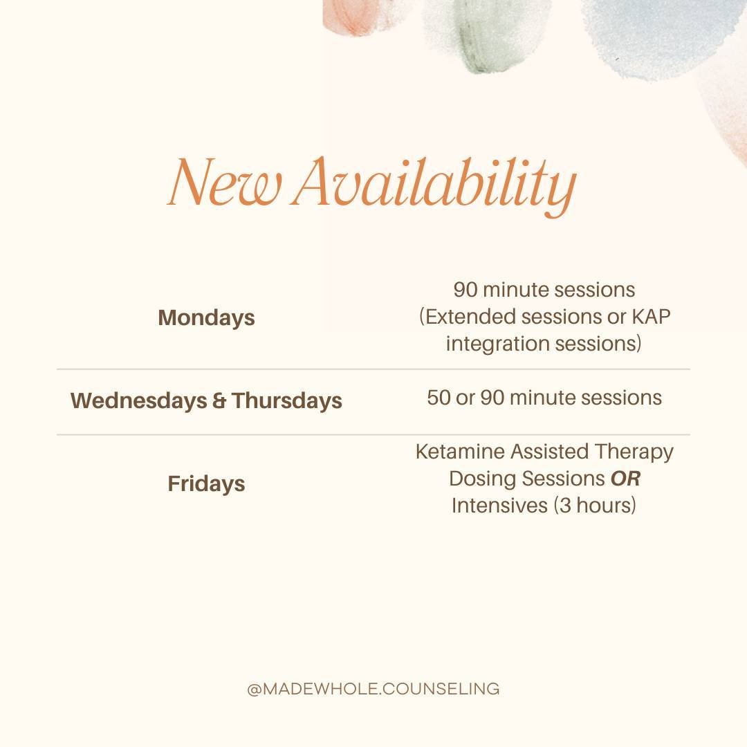 Exciting Announcement! We're introducing new availability to better serve you! 🌟 

🔹 Mondays: Dive deep with extended 90-minute sessions or explore Ketamine Assisted Psychotherapy integration sessions.
🔹 Wednesdays &amp; Thursdays: Choose from fle