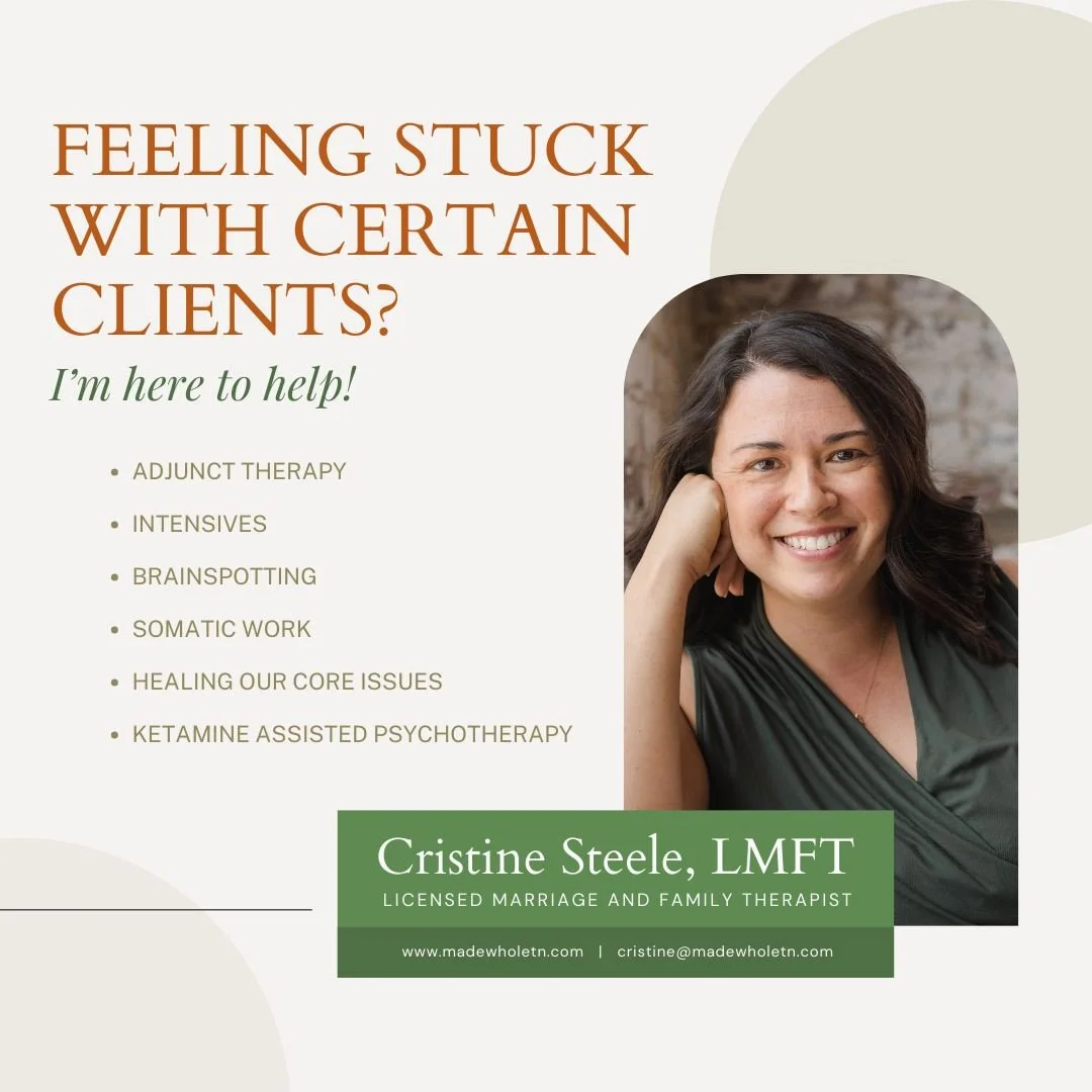 Feeling stuck with certain clients? 🤔 

Hi, I&rsquo;m Cristine Steele, a Licensed Marriage and Family Therapist, and I&rsquo;m here to help you. My specialties include adjunct therapy, intensives, brainspotting, somatic work, healing core issues, an
