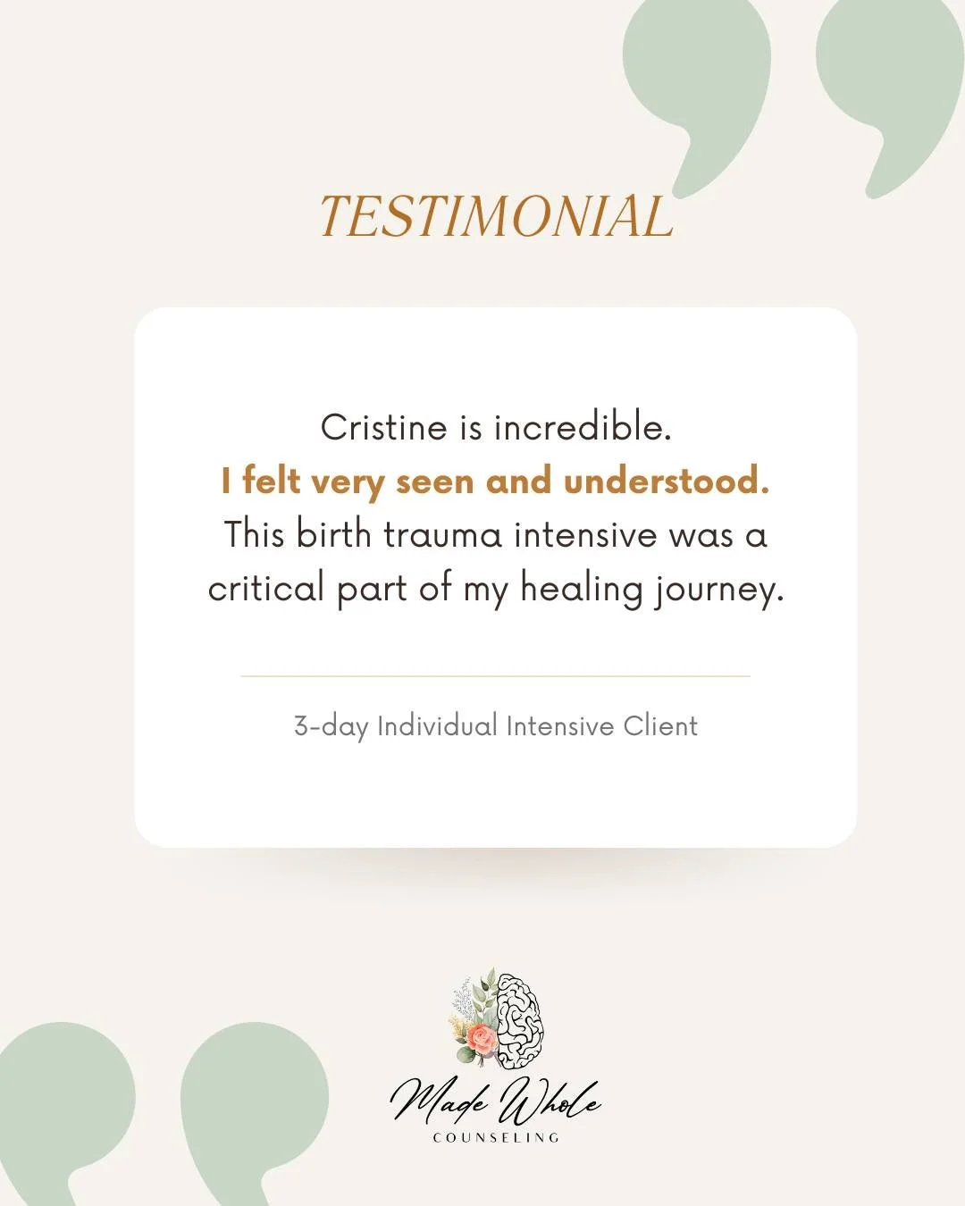 Feeling understood can change the way we hold our story.

Therapy Intensives becomes a gentle invitation back into safety, clarity, and wholeness. Healing often begins the moment someone finally sees you.

Send us a message to get started with a ther