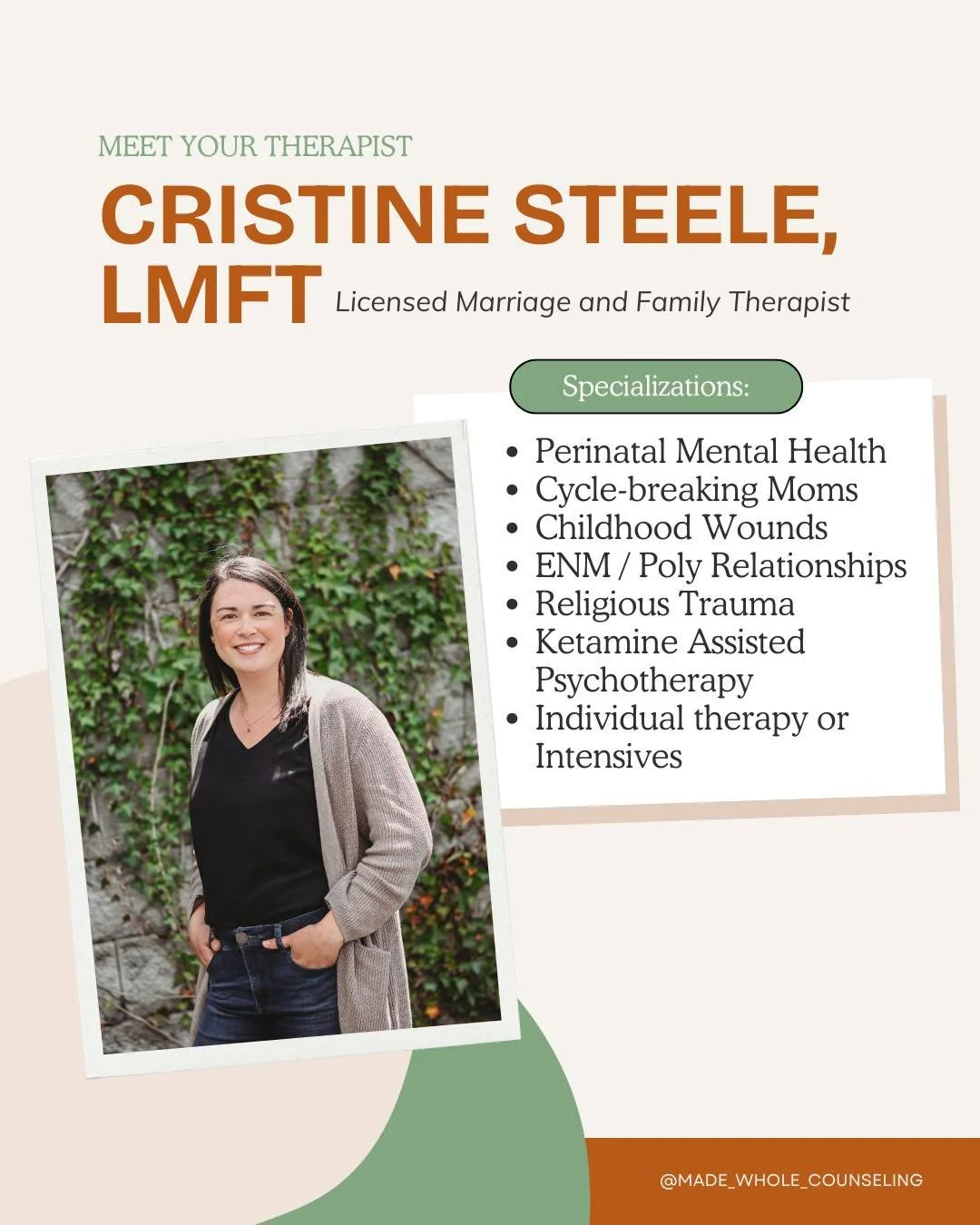 Meet Cristine Steele, LMFT &mdash; a Licensed Marriage and Family Therapist dedicated to helping clients break cycles, heal old wounds, and step into a life that feels authentic and whole.

Cristine specializes in perinatal mental health, supporting 