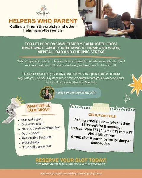 Helpers Who Parent
A virtual peer support group for therapists &amp; helping professionals navigating parenthood.

This space is for you if you&rsquo;re balancing the dual role of caregiver at work and at home, feeling the weight of compassion fatigu