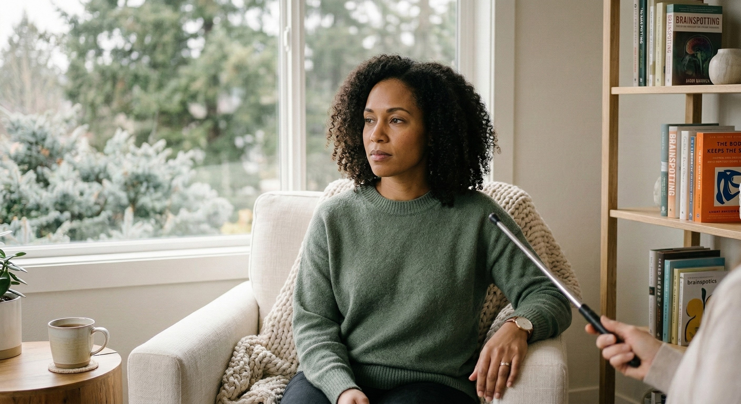 A high-achieving mother engaged in a Brainspotting trauma therapy session with her therapist at Made Whole Counseling's modern office in West Seattle, Washington.