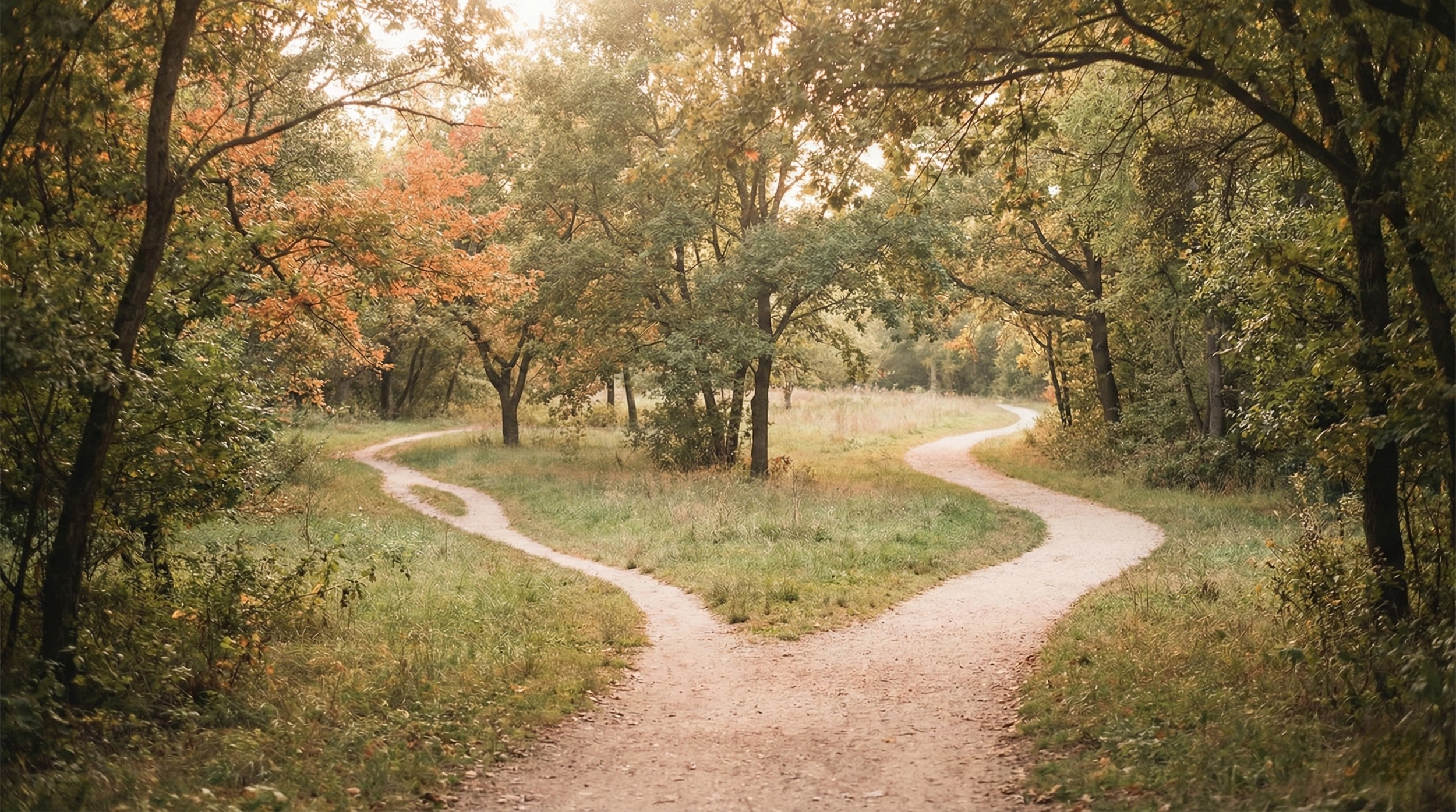 A sunny dirt path in a forest splitting into two directions, symbolizing the choice to explore ethical non-monogamy (ENM)
