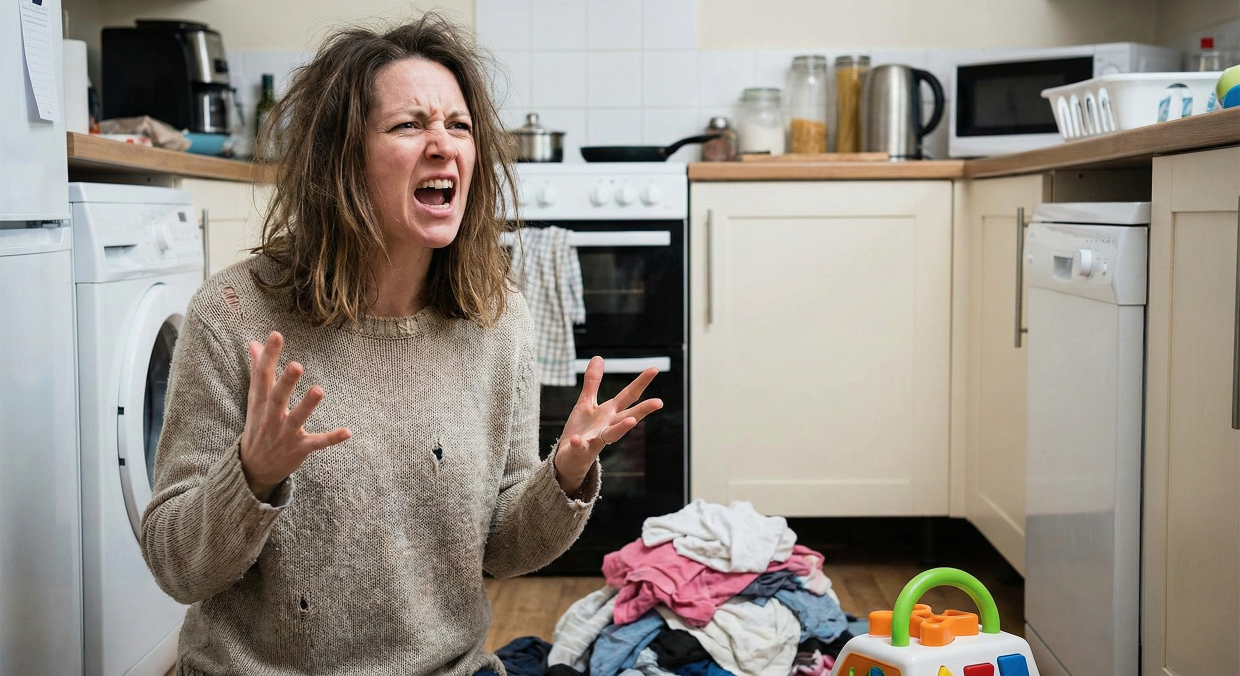 A mother in a kitchen in Brentwood, TN, shouting in frustration and feeling overwhelmed by the mess, representing the struggle of mom rage and the need for postpartum support.