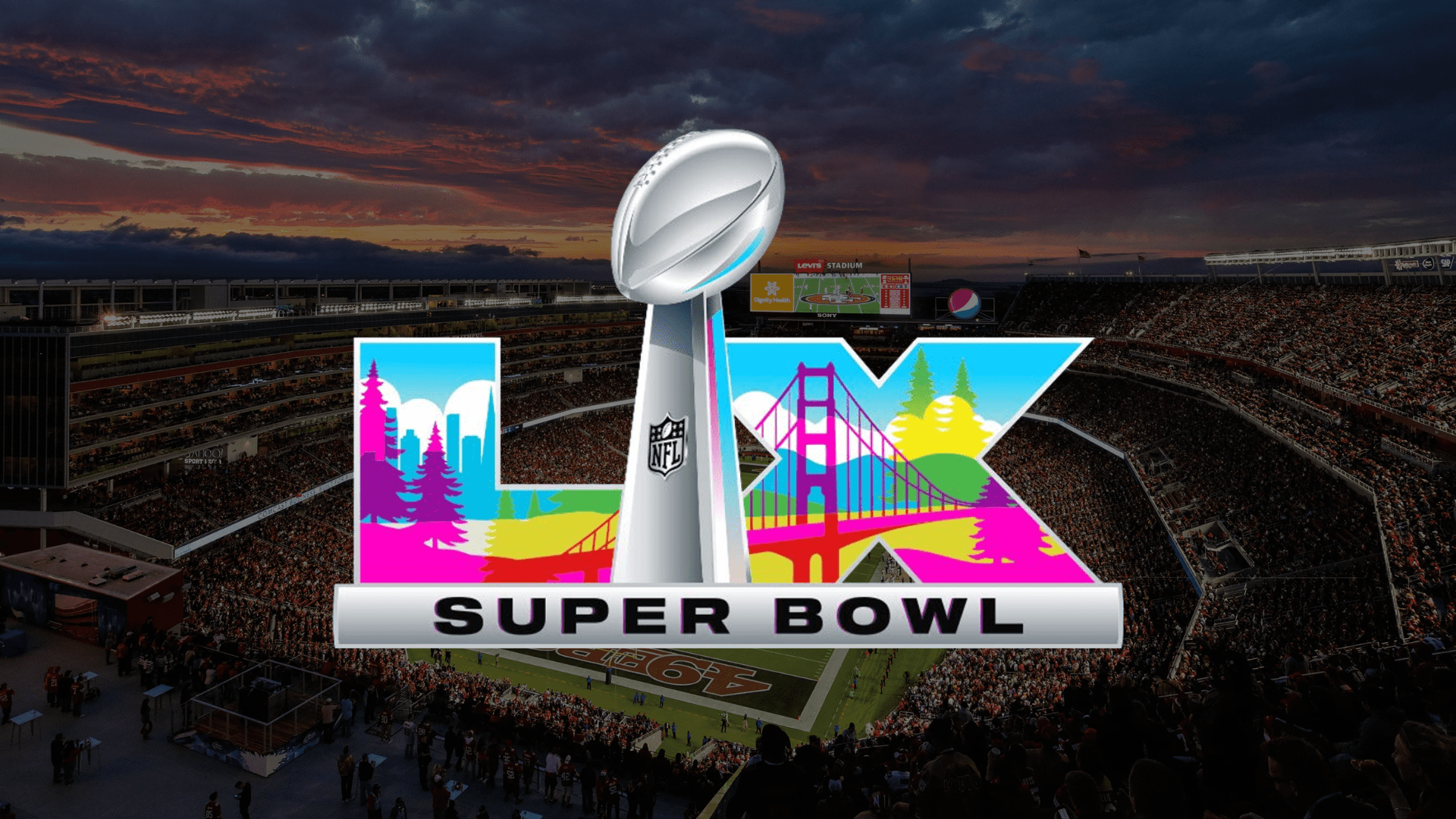 Super Bowl logo with NFL trophy in the center, superimposed over a stadium filled with spectators at sunset, featuring the San Francisco skyline and golden gate bridge in colorful artwork.