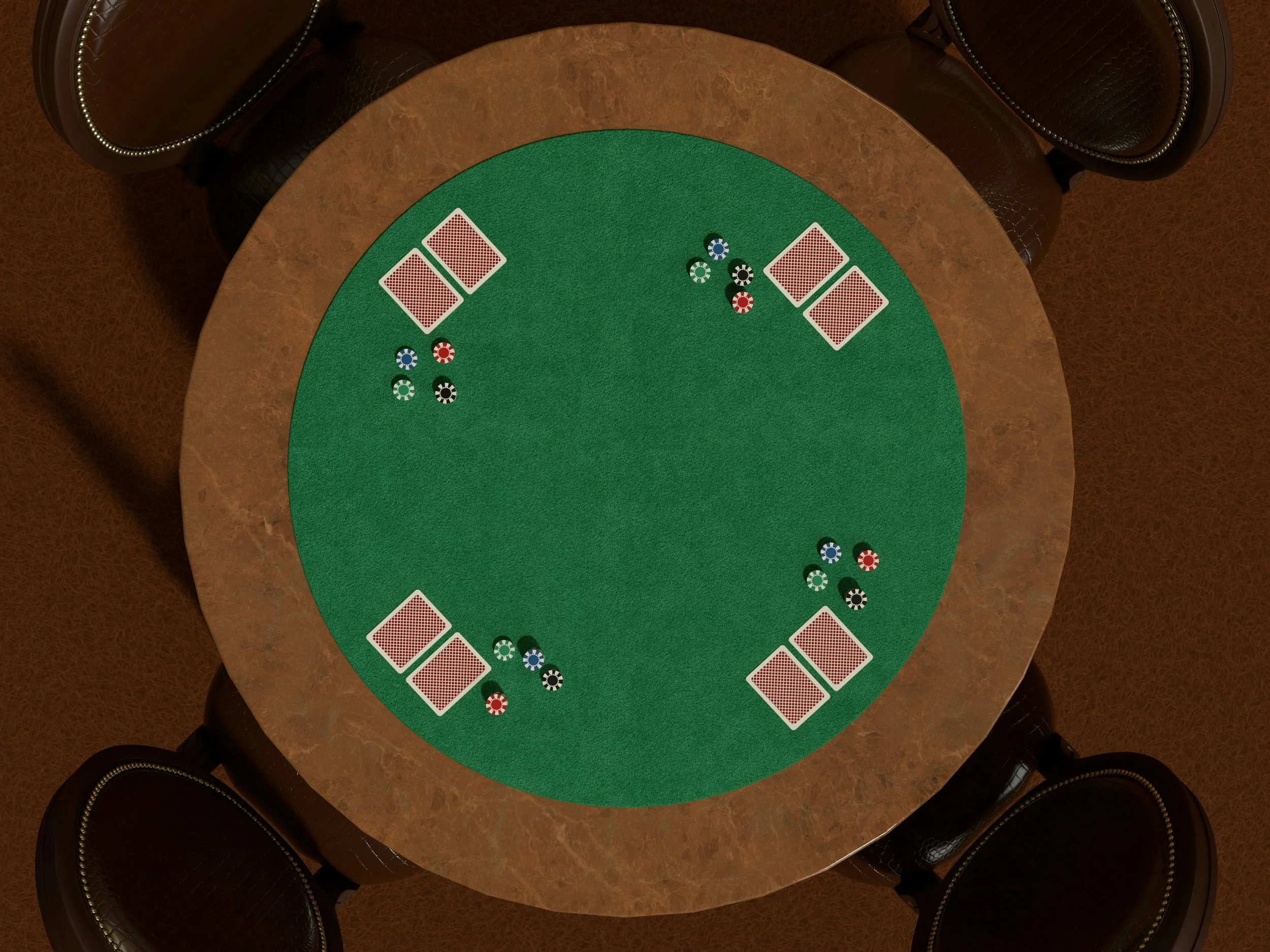 A poker table with four sets of playing cards, chips, and poker chips, surrounded by four chairs.