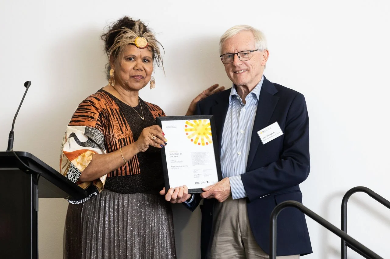 Janty Blair with David Thompson (Royal Historical Society of Victoria), winner of Volunteer of the Year. Photo: Peter Casamento.
