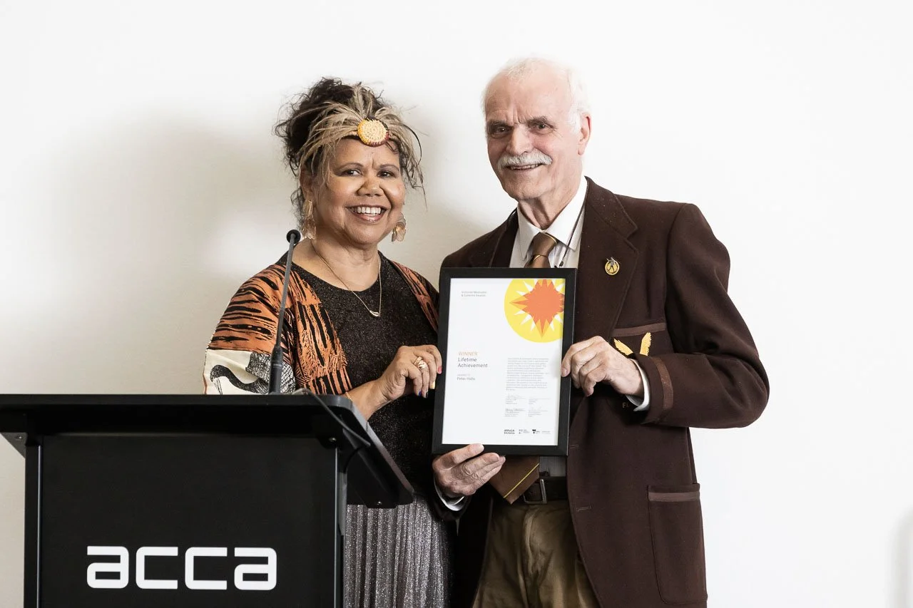 Janty Blair with Peter Haby (Hawks Museum), winner of the Lifetime Achievement Award. Photo: Peter Casamento.
