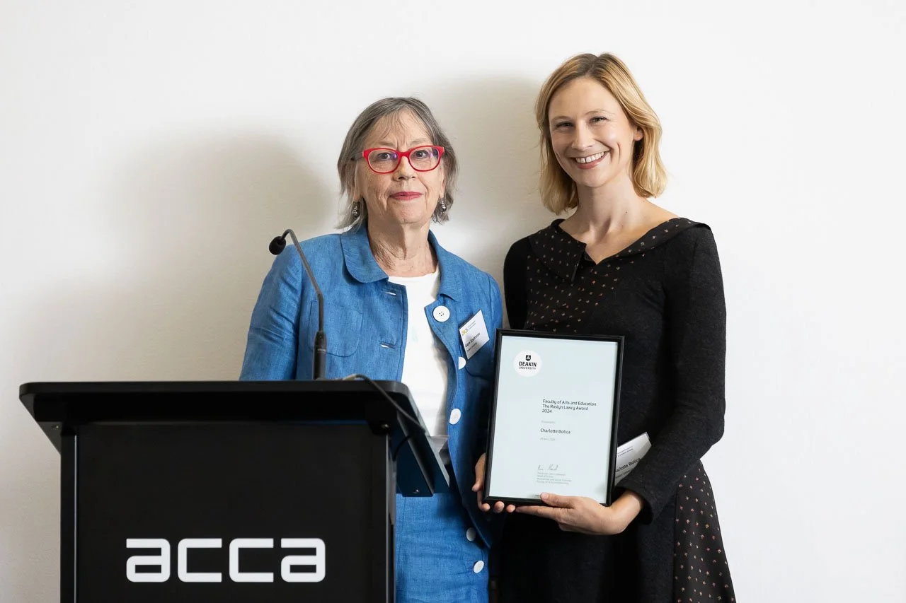 Dr Gaye Sculthorpe with Charlotte Botica, winner of the Roslyn Lawry Award (2024). Photo: Peter Casamento.