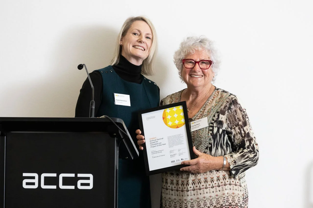 Angela Henricksen (Archival Survival) with Fay Quilford from Wonthaggi and District Historical Society, winner of Volunteer-run Project of the Year. Photo: Peter Casamento.
