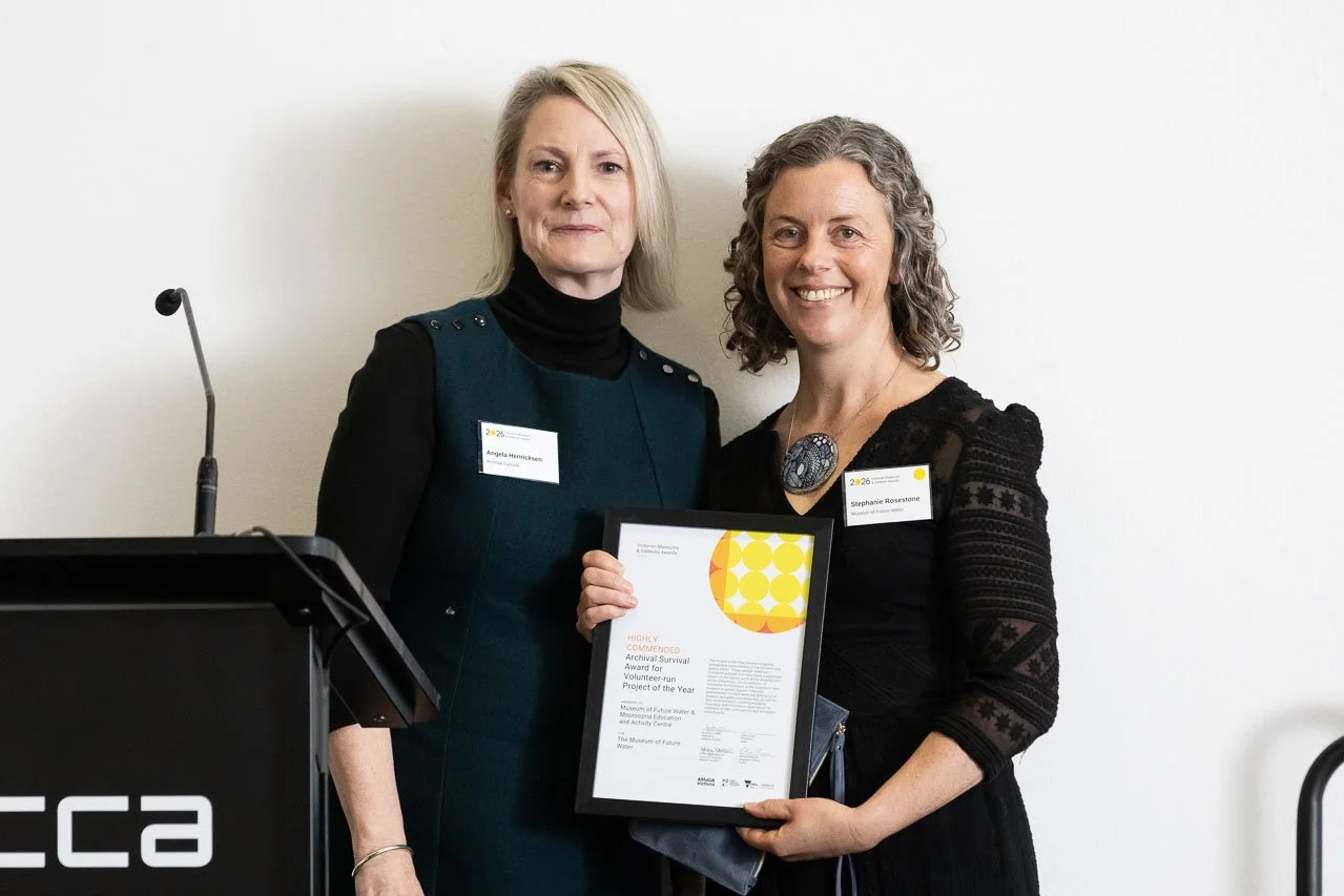 Angela Henricksen (Archival Survival) with Stephanie Rosestone from Museum of Future Water, highly commended Volunteer-run Project of the Year. Photo: Peter Casamento.