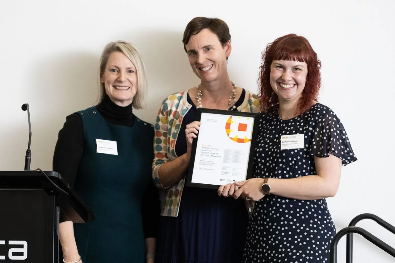 Angela Henricksen (Archival Survival) with Katie Potter and Katherine Timms from National Trust of Australia (Victoria), winner of Small Project of the Year (Museum). Photo: Peter Casamento.