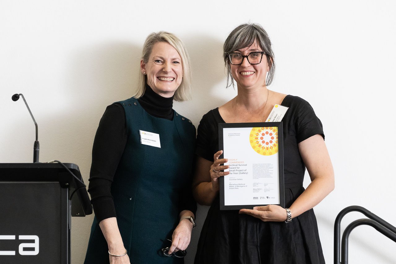 Angela Henricksen (Archival Survival) with Amber Stuart from Counihan Gallery, Merri-bek City Council, highly commended Small Project of the Year (Gallery). Photo: Peter Casamento.