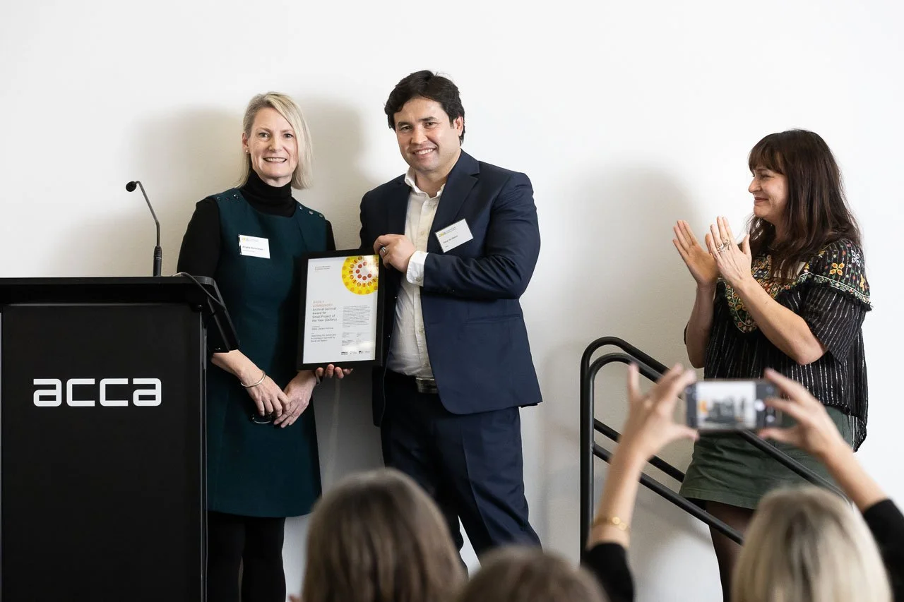 Angela Henricksen (Archival Survival) with Barat Ali Batoor (artist) and Georgia Goud from State Library Victoria, highly commended Small Project of the Year (Gallery). Photo: Peter Casamento.