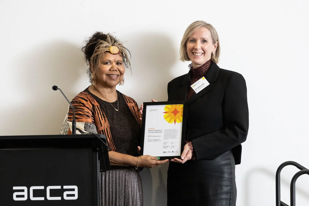 Janty Blair with Kate Colas-Spinks from the Shrine of Remembrance, winner of Medium Project of the Year (Museum). Photo: Peter Casamento.