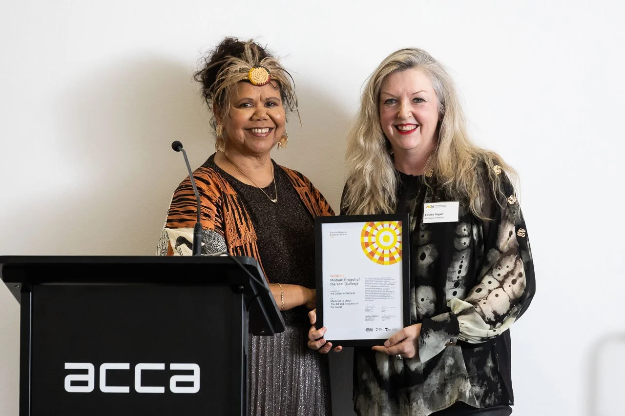 Janty Blair with Louise Tegart from Art Gallery of Ballarat, winner of Medium Project of the Year (Gallery). Photo: Peter Casamento.