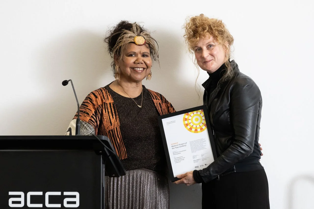 Janty Blair with Angela Connor from the Museum of Australian Photography, winner of Medium Project of the Year (Gallery). Photo: Peter Casamento.