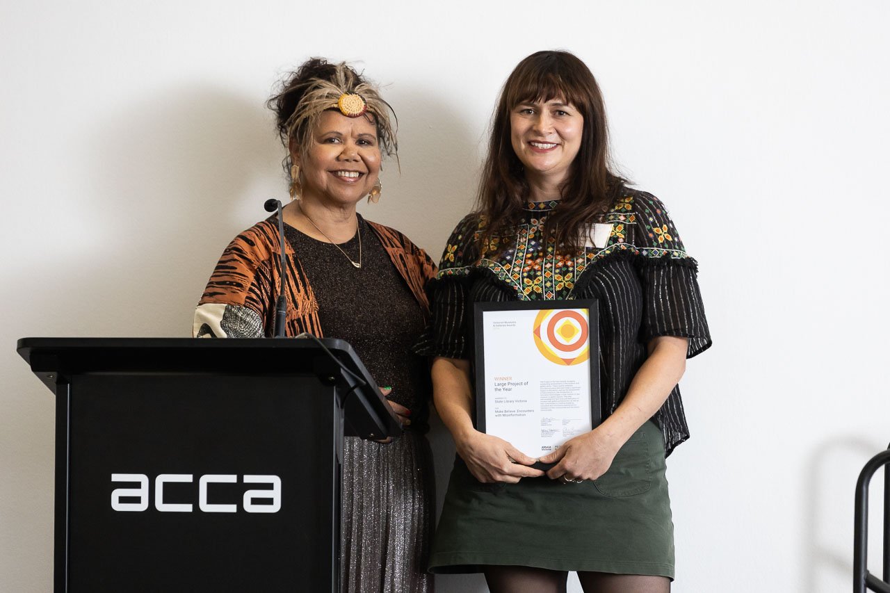Janty Blair with Georgia Goud from State Library Victoria, winner of Large Project of the Year. Photo: Peter Casamento.