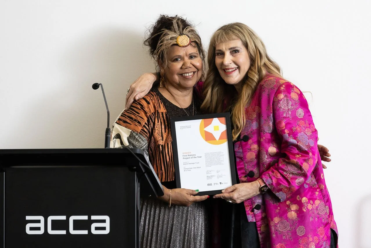 Janty Blair with Gail Harradine from Koorie Heritage Trust, winner of First Nations Project of the Year. Photo: Peter Casamento.