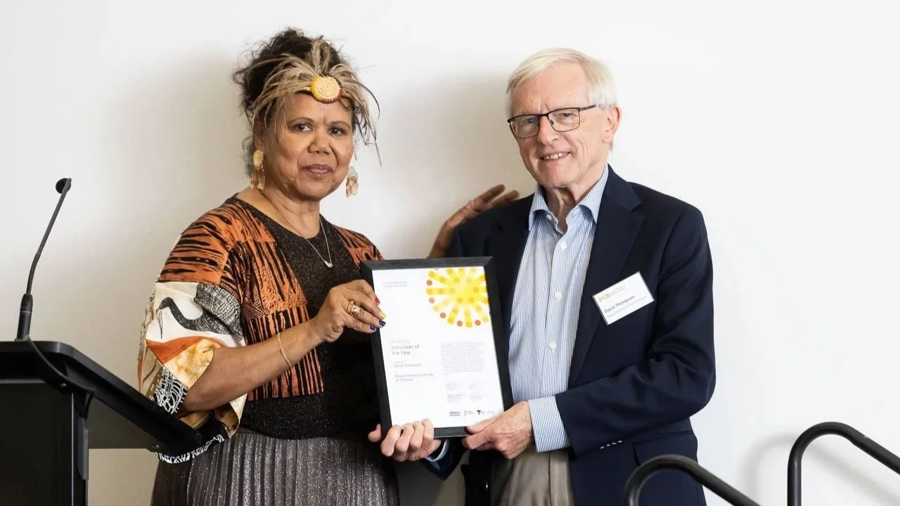  Janty Blair with David Thompson (Royal Historical Society of Victoria), winner of Volunteer of the Year.  Photo:  Peter Casamento. 