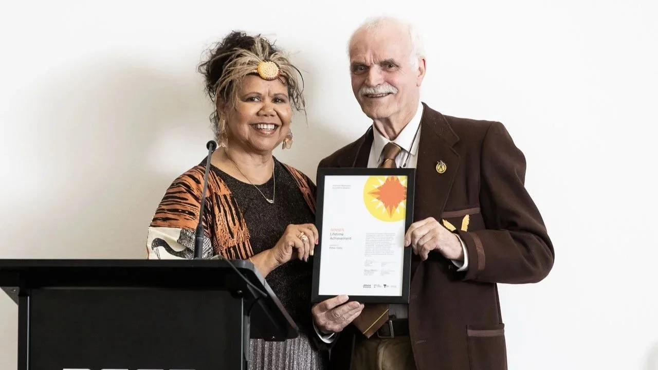 Janty Blair with Peter Haby (Hawks Museum), winner of the Lifetime Achievement Award.  Photo:  Peter Casamento. 